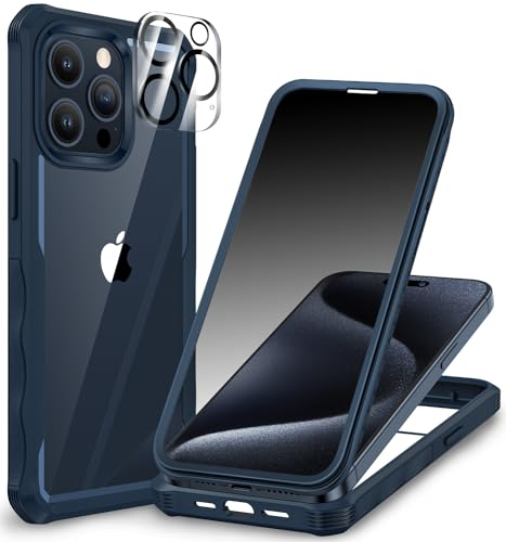 CENHUFO Antiespia Funda iPhone 15 Pro, con Protector Pantalla Cristal Templado 9H Antiespias y Protector cámara [9H HD] Carcasa Antigolpes 360 Grados Transparente Doble Capa Privacidad Case - Azul