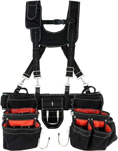 VEVOR Ceinture à Outils avec Bretelles 34 Poches Ceinture Porte Outils Robuste en Nylon 1250D Tour de Taille Réglable 736,6-1371,6 mm pour Hommes Charpentiers Électriciens Bricolage Jardinage, Noir
