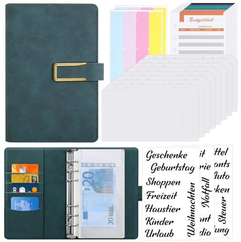 KONVINIT Budget Planner Deutsch A6 PU Leder Budget Binder Geld Organizer mit Geldfächer,Budgetblätter,Etikettenaufklebern,Deutsche Aufkleber