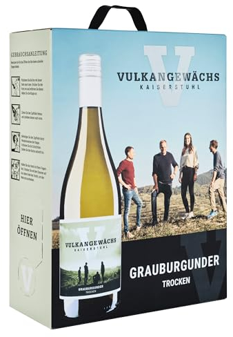 Vulkangewächs Grauburgunder Wein-Box 3 Liter QbA trocken - Weisswein vom Lößboden mit kräftigem Körper & zarten Zitrusaromen - Badischer Wein vom Kaiserstuhl (1 x 3,0 l Bag-in-Box)