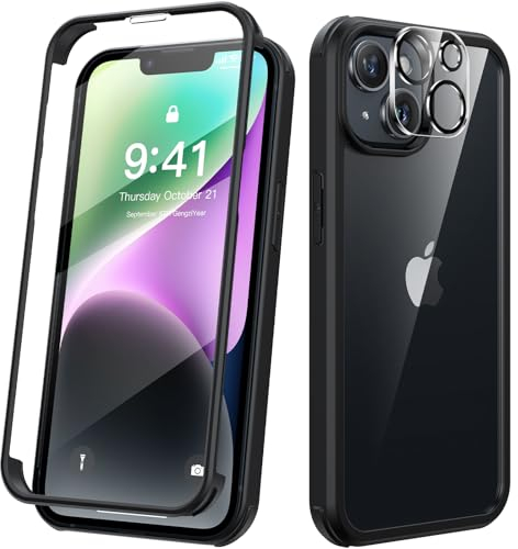 Kmofizle 360 Grad für iPhone 14 Hülle mit Eingebaut Glas Schutzfolie und Kameraschutz, Stoßfest Stoßfänger Fullbody Handyhülle für iPhone 14 (6.1 Zoll) - Schwarz