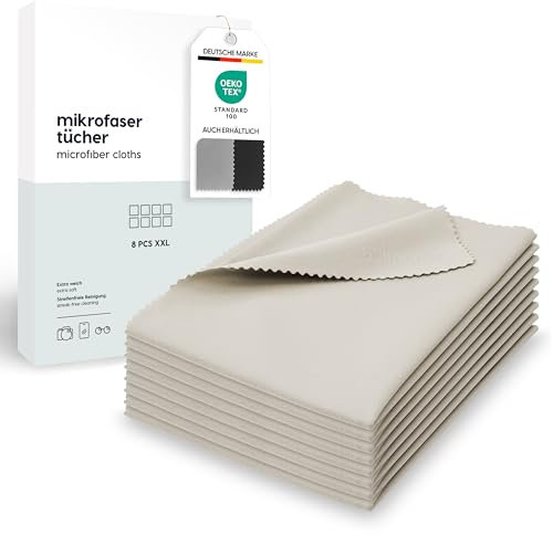 Bellphany XXL 8er Set Premium Brillenputztücher Mikrofaser - 30 x 30 cm Mikrofasertücher Brillenputztuch in Optikerqualität (Beige)