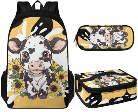 TOADDMOS 3-teiliges Schulrucksack-Set für die Grundschule, Büchertasche mit Lunchbox, Federmäppchen, Cartoon-Sonnenblumenkuh, Rucksack, Rucksäcke