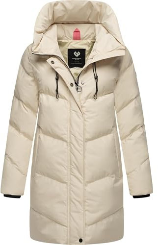 Ragwear Damen Mantel lange warme wasserdichte Winterjacke mit hohem Kragen und Kapuze Avelin YOUMODO Ecru Gr. L