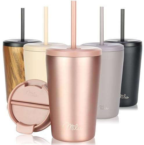 Milu Thermobecher 400ml - 100% Auslaufsicher - Edelstahl Kaffeebecher to go isoliert mit Strohhalm hält 10h heiß / 20h kalt, BPA-frei (Rose Gold, 400ml)