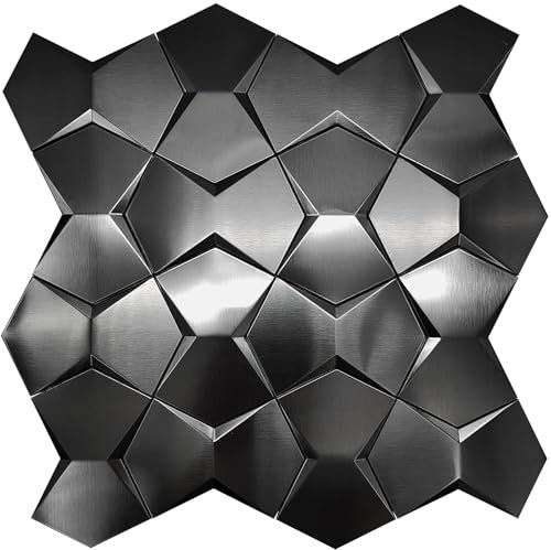 Blujellyfish Black 3D Wall Tile Long Hexagon Tiles for Backsplash Wall Kitchen & Bathroom Accent Tile 3D Wall Panels (Pack of 5)