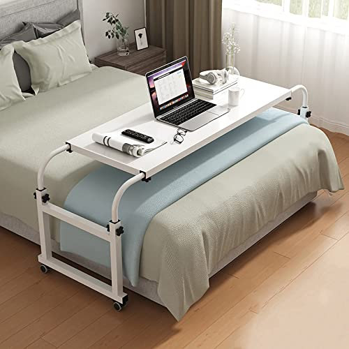 Verstellbarer Rolltisch mit Rollen, Computertisch, höhenverstellbar, Steharbeitsplatz mit Essens-Tablett, geeignet für Doppelbett, Doppelbett, Queen-Size-Bett, Weiß
