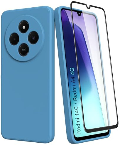 HHUIWIND Handyhülle für Xiaomi Redmi A4 / 14C 4G Hülle mit 9D Schutzfolie,Silikon Weiche TPU Kratzfest Stoßfeste Fallschutz Case SchutzHülle - Blau