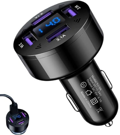 4-Port Fast Charging USB Car Adapter, Mobile Phone Charger Block for Vehicles, 12-24V Plug-In USB Charger for Cameras and Gaming Devices, Multi-Device Charging Hub for Smartphones, Tablets and Travel