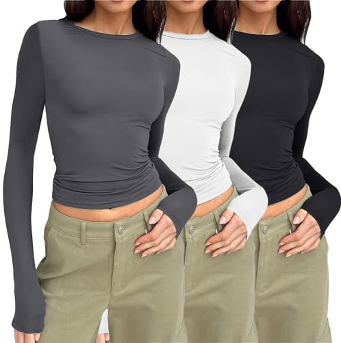 3er Pack Basic Slim Fit Langarmshirt Damen Enges Y2K Top Schwarz und Weiß Langarm Rundhals Unterziehshirt Elegant Sexy Oberteile Cropped Tee Longsleeve Shirts (Grey A, S)