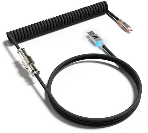 ATTACK SHARK C01 ULTRA Custom RGB Coiled Cable for Gaming Keyboard, Type-C to USB A HyperSpeed Line, TPU Material,Double-Sleeved Mechanical Keyboard Cable with Detachable Aviator Connector-Black