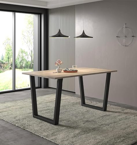 Hallowood Furniture Dudley Large Dining Table with Metal Legs, Industrial Style Light Oak Dining Table with Black U-Shaped Legs for Home or Offices, Seats 4-6 People (150cm)