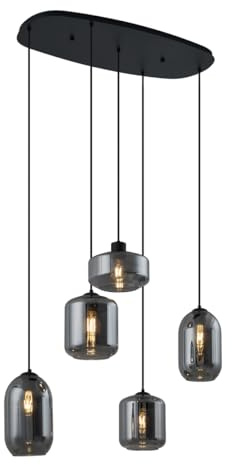 Qazqa Esstisch Modern Pendelleuchte, Pendellampe - Sheena - Schwarz mit Rauchglas, Oval, 5-flammig, 90cm, Ideal als Esszimmerlampe und