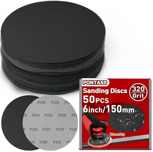 50 x Schleifscheiben 150mm Klett, Rund Schleifpapier Körnung 320 Klett Schleifblätter, Nasse Trockene Schleifpads für Exzenterschleifer Schwingschleifer Schleifpapier für Metall Glas Auto Polieren