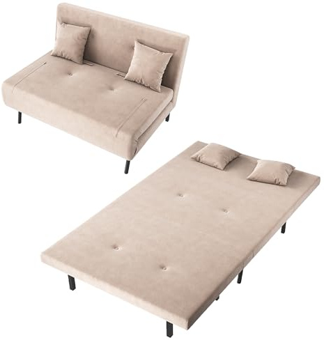 SONNI Schlafsofa 3-in-1, Klappbares Sofabett mit Verstellbarer Rückenlehne(90°100°110°120°130°180°), 2 Kissen, Baby-Samt, Khaki, Für Wohnzimmer, Gästezimmer & kleine Räume, 120x80x79cm