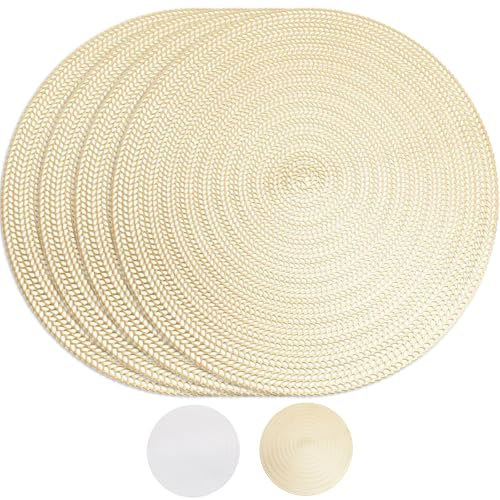 MOMAHUA Gold Placemats Set of 4,38CM/15inch Round Place mats for Table,PVC Table Mats,Heat Resistant Non-Slip,Elegance Design Dinning Mats for Wedding,Restaurant,Party Decors(B)