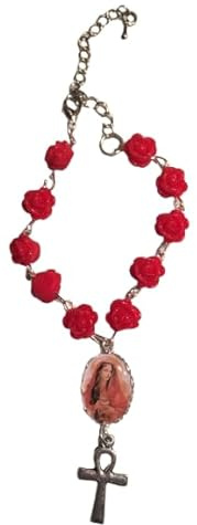 Bracelet Chapelet Rouge avec Roses et Croix ankh, Médaillon Marie Madeleine, Style Religieux