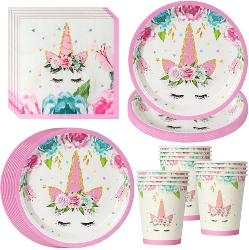 PYAILI 52 Pcs Unicorn with Flowers Party Tableware Set | with Plates, Cups, Napkins for 16 Guests - Romantic Birthday Decoration with Floral Motifs