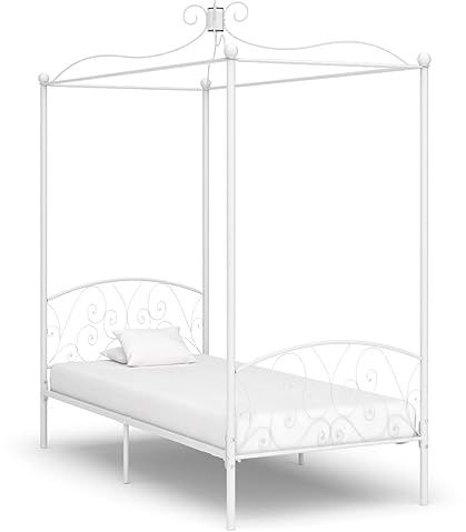 QJBSAVVA Himmelbett Weiß 90x200 cm Metall Bettgestell 211x99x227 cm mit Lattenrahmen für Vorhang Moskitonetz Jugendbett Einzelbett Schlafzimmer