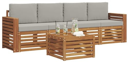 vidaXL Sofagarnituren 5 pcs Natürlich und Hellgrau Massivholz Akazie, Moderne, langlebige Garten-Sofagarnitur, sectionale Möbel für Patio, Terrasse, entspannte Sitzgelegenheit