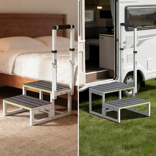 XARILK Tritthocker mit Griff aus Aluminium, 2 Stufen，Verstellbarer Handlauf, extra rutschfeste Trittflächen, 250 kg Tragfähigkeit – ideal für Wohnmobile, Küche & Haushalt