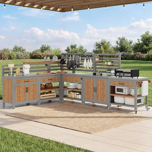 feynoss Outdoor Gartenschrank wetterfest mit Rollen, Edelstahl-Arbeitsplatte, Wasserbecken & Flaschenöffner, Modularer Aufbewahrungsschrank für Terrasse, Balkon, Garten und Camping