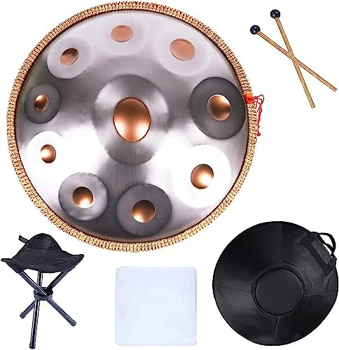 Handpan Drum Instrument, 55.9 cm D-Moll Steel Percussion Drum, Includes Soft Carry Bag, Two Mallets, and Stand for Sound Healing and Meditation