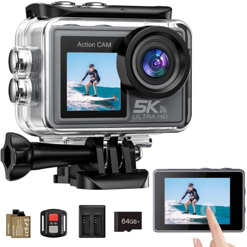 Ruycllo Action Cam 5K/4K 60FPS, 50MP Fotocamera Subacquea Impermeabile 30M, Action Camera con Scheda SD 64GB, EIS, Doppio Schermo, WiFi, Grandangolo 170°, Telecamera per Moto, Bicicletta, Vlog | 5 K 30 FPS / 4 K 60 FPS, foto 50 MP, telecomando incluso
