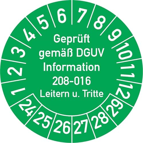 Geprüft gemäß DGUV Information 208-016 Prüfplakette, 100 Stück, in verschiedenen Farben und Größen, Prüfetikett Prüfsiegel Plakette Leitern und Tritte (ehemals BGV D 36) (30 mm Ø, Grün)