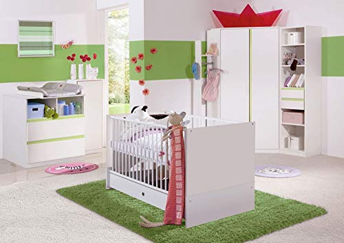 Babyzimmerset Donkey Baby Apple III Babyzimmer Möbel Komplettset Kinderzimmer Gitterbett Wickelkommode Kinderbettchen Alpinweiß Apfelgrün 8-teilig