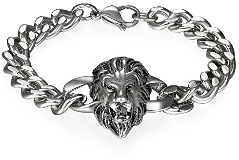 JewelryWe Schmuck Herren Biker Armband, Gotik Punk Rock Löwe Panzerkette Armkette Armreif, Edelstahl, Silber