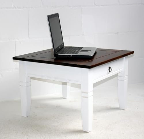 Massivholz Beistelltisch mit Schublade 65x46x65cm Decor Pappel massiv weiß Braun nussbaumfarben