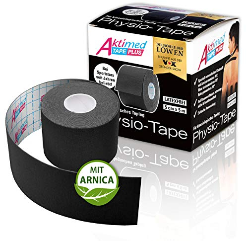 AKTIMED Tape PLUS Kinesiologie Tape – Sporttape mit pflanzlichem Extrakt Arnica D6* – patentiertes Physiotape Dermatest „sehr gut“ – Kinesiologie Tapes elastisch & wasserfest (schwarz)
