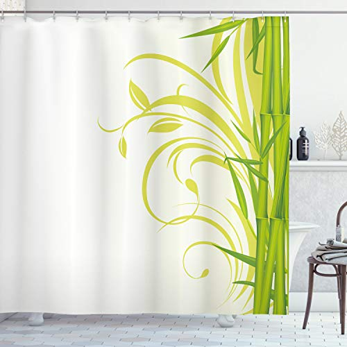 ABAKUHAUS Grün Duschvorhang, Feng Shui Garten, Stoffliches Gewebe Badezimmerdekorationsset mit Haken, 175 x 200 cm, Lime Green Hellgrün