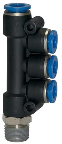 Distribuidor múltiple en T, serie azul, giratorio, R 1/4 a, para manguera de diámetro exterior de 1 x 8/3 x 4 mm, Máx. 15 bar, plástico/MS vern.