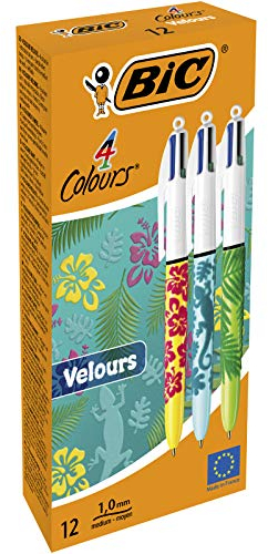 BIC 4 Couleurs Velours Stylos-Bille Rétractables Pointe Moyenne (10 mm) - Corps Assortis Motif Vie Marine Boîte de 12