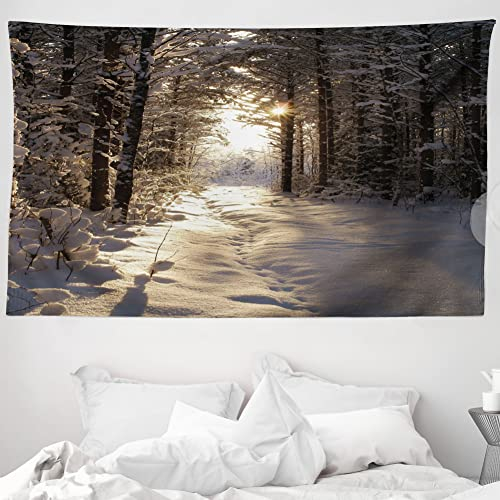 ABAKUHAUS Winter Wandteppich und Tagesdecke, Weihnachten Schnee Wald aus Weiches Mikrofaser Stoff Waschbar ohne Verblassen Digitaldruck, 230 x 140 cm, Hellgelb Braun