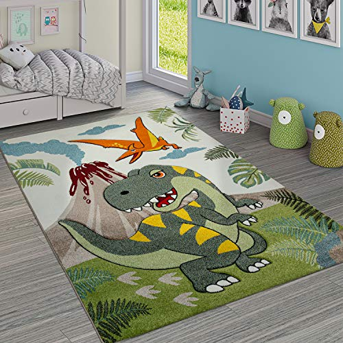 Paco Home Kinderzimmer Teppich Grün Dinosaurier Dschungel Vulkan 3-D Effekt Kurzflor, Grösse:Ø 120 cm Rund
