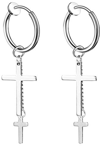 JewelryWe Schmuck Herren Damen Ohrringe Edelstahl Ohrstecker doppelt Kreuz Kette H?ngend Huggie Creolen Ohrringe Ohr-Piercing Ohrh?nger, Silber