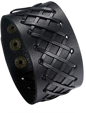 Flongo Herrenarmband Männer Armband Lederarmband, groß breit Leder Armband Armreif mit Nieten Schwarz Herren-Accessoires Biker Größen verstellbar Modell B