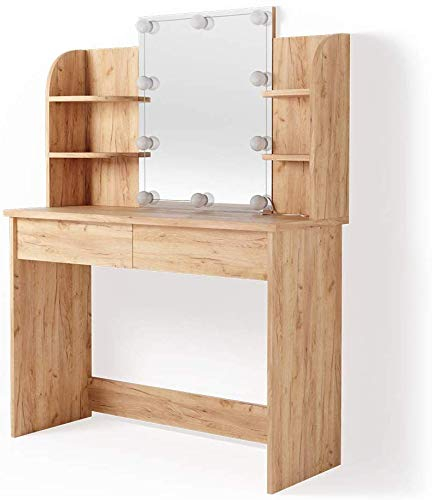 Vicco Schminktisch Charlotte, Goldkraft Eiche, 108 cm mit LED Beleuchtung