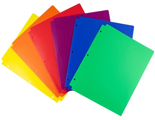 Dunwell Plastic 2-Pocket Folders for 3-Ring Binders, (6 Pack, Assorted Colors) 3 Hole Punched, Divider Folder for Notebook, Durable Poly, Fits 8.5x11 Sheets, Includes Labels