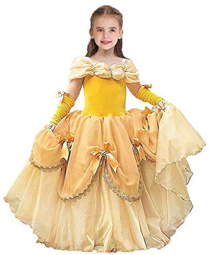 FMYFWY Costume da Principessa Belle Ragazze Bellezza e la Bestia Carnevale Costumi Vestito da Festa Fantasia Vestono Natale Halloween Compleanno Cerimonia Pageant Nozze Giallo Abiti 12-13
