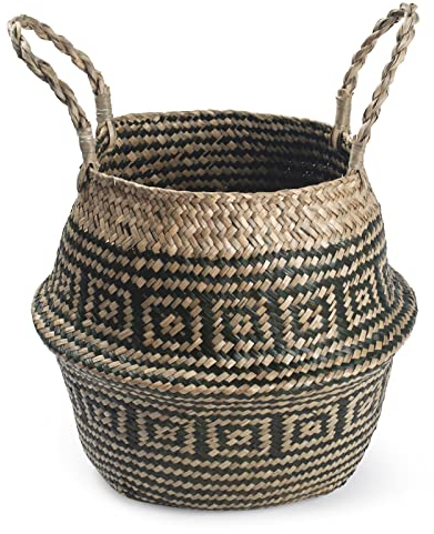 Panier Jonc De Mer Rangement Panier Plante Seagrass de Fleur Corbeille en Paille (Bande Noire)