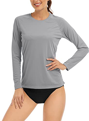TACVASEN Damen Langarm UV-Schutz Schnelltrocknend Schwimmen Sommer Laufen Sonnenschutz Rashguard Trekking T-Shirt (M, Hellgrau)(M,Hellgrau)