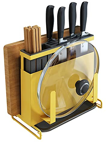 304 Stainless Steel Kitchen Knife Storage Block Wall Mounted Knife Holder Storage Rack Shelf - Knives Block Without Knives - Knife Holder and Organizer with Cutting Board/Pot lid Holder (Yellow)