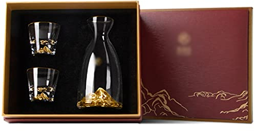 Carafes à décanter Carafe A Whisky Original Carafe À Vin Coup d'or,Bouteille De Vin en Verre Cristal,Décoration De Table Élégante avec 2 Tasses,Montagne en Trois Dimensions