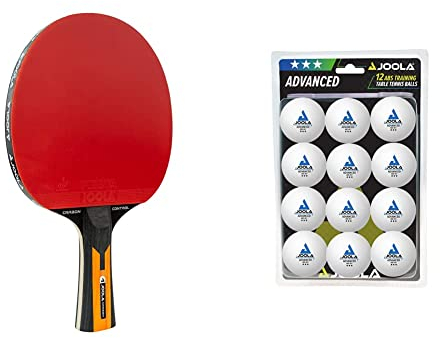 JOOLA Tischtennisschläger Carbon Control - ITTF zugelassener Tischtennis-Schläger für Fortgeschrittene Spieler - Carbowood Technologie & Tischtennis-Bälle Training 40mm, Weiß, 12er Blister Pack