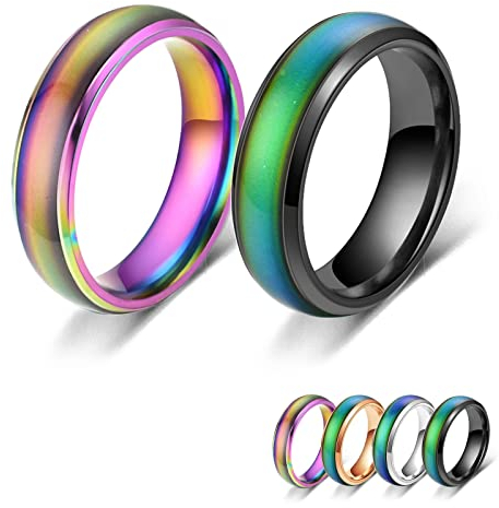 Bymivofun 2 Stück Stimmungsringe, Temperatur Emotion Ring, Edelstahl Farbwechsel Stimmung, für Freund Freundin Tägliche Party Geburtstag Valentinstag Jubiläum (Schwarz, Regenbogenfarben, 52.5 (16.8))