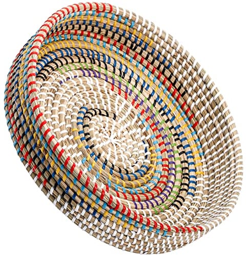 SOUJOY 31cm Woven Seagrass Serving Tray, Rattan Serving Trays, Handmade Round Ottoman Fruit Trays, Colorful Coffee Table Decorative Tray for Bread, Tea, Breakfast, Coffee, Drinks, Snack, Wall Decor